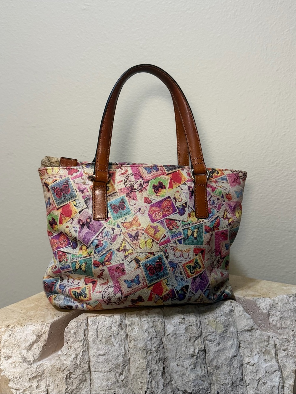 Vintage 90s Fossil Stamp Satchel Purse